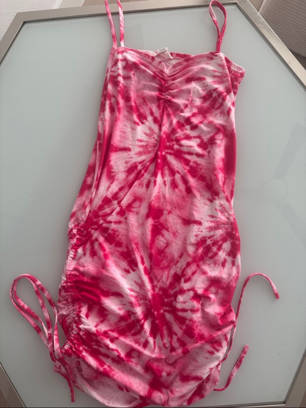 Pink Tie-Dye Ruched Spaghetti Strap Dress